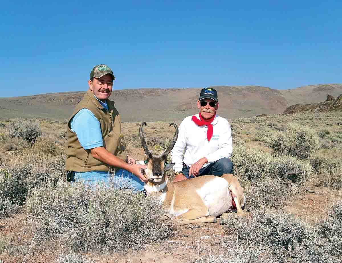 Dr. Mike Poulos (left) took this buck in the Black Rock Mountains of Nevada with a custom .300 Winchester Magnum using Barnes 150-grain TTSX bullets for the 110-yard shot.